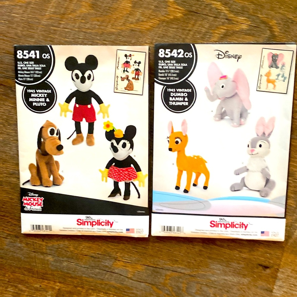 Disney character Simplicity patterns 8541 and 8542, uncut. Mickey, Minnie, more.